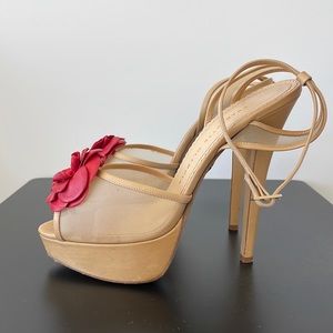 Charlotte Olympia Nude Leather and Mesh Heels with Red Leather Rose Size 39